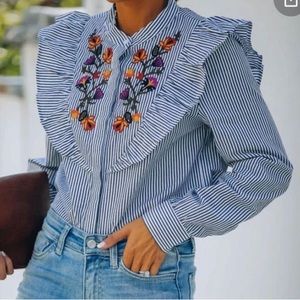 Dance & Marvel Elula Cotton Embroidered Stripped Button Down Top | Size Small
